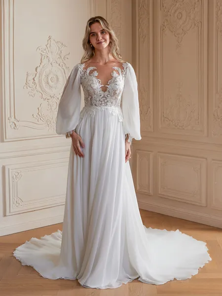 A-Line/Princess Chiffon Applique Scoop Long Sleeves Chapel Train Wedding Dresses