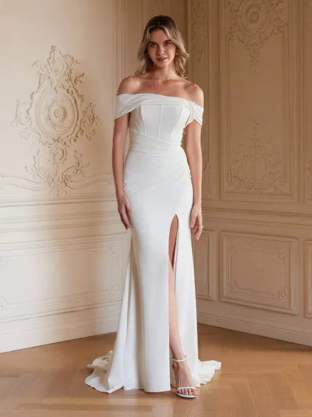 Sheath/Column Stretch Crepe Ruched Off-the-Shoulder Sleeveless Sweep/Brush Train Wedding Dresses