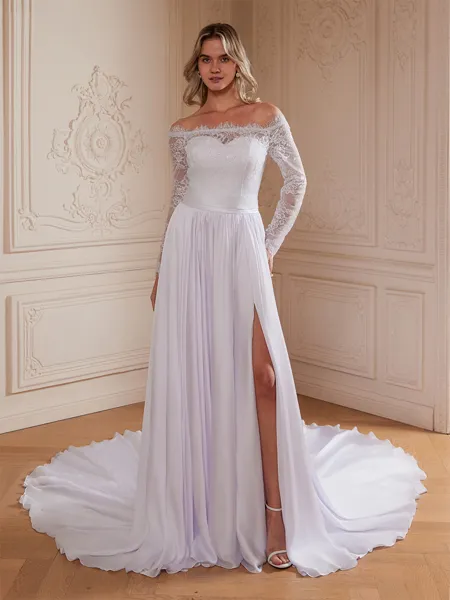 A-Line/Princess Satin Chiffon Lace Off-the-Shoulder Long Sleeves Cathedral Train Wedding Dresses