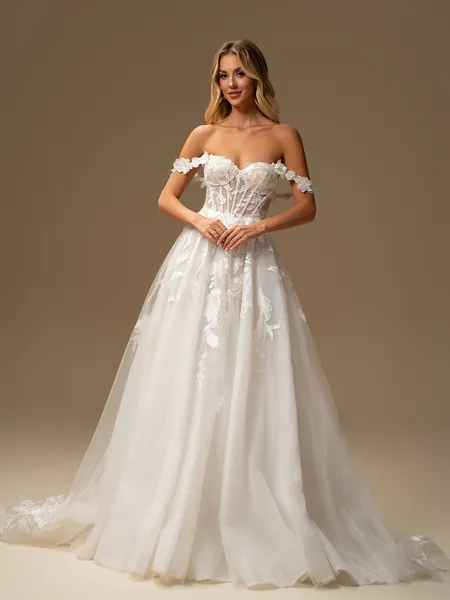 A-line Sweetheart Appliques Lace Chapel Train Tulle Corset Wedding Dress