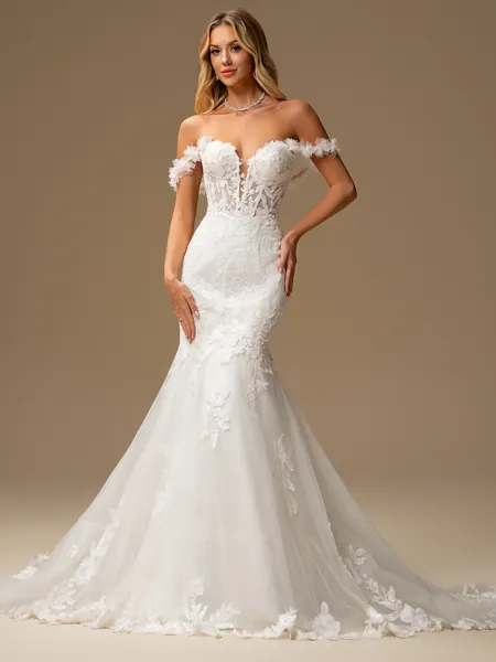 Mermaid Off-the-Shoulder Appliques Lace Cathedral Train Tulle Corset Wedding Dress