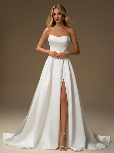 A-line Straight Pleated Court Train Satin Wedding Dress