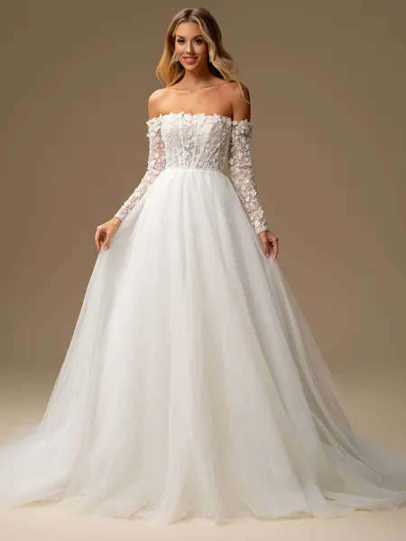 A-line Off-the-Shoulder Long Sleeves Appliques Lace Chapel Train Tulle Corset Wedding Dress