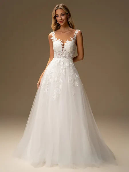 A-line Scoop Appliques Lace Sweep Train Tulle Wedding Dress