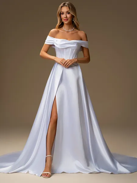 A-line Off-the-Shoulder Pleated Chapel Train Satin Corset Wedding Dress