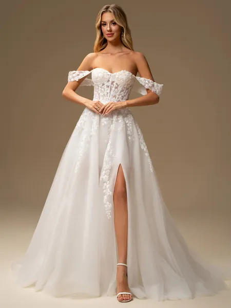 A-line Off-the-Shoulder Appliques Lace Court Train Tulle Corset Wedding Dress