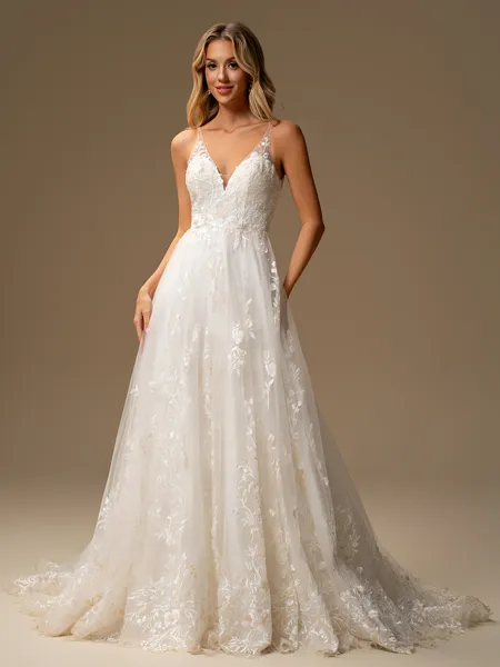 A-line V-neck Appliques Lace Chapel Train Tulle Wedding Dress