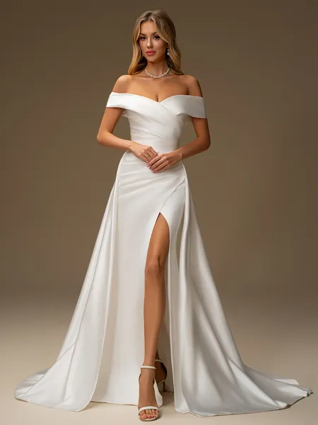 Sheath Off-the-Shoulder Pleated Chapel Train Satin Convertible Wedding Dress