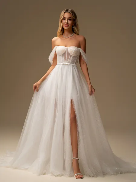 A-line Off-the-Shoulder Court Train Corset Wedding Dress