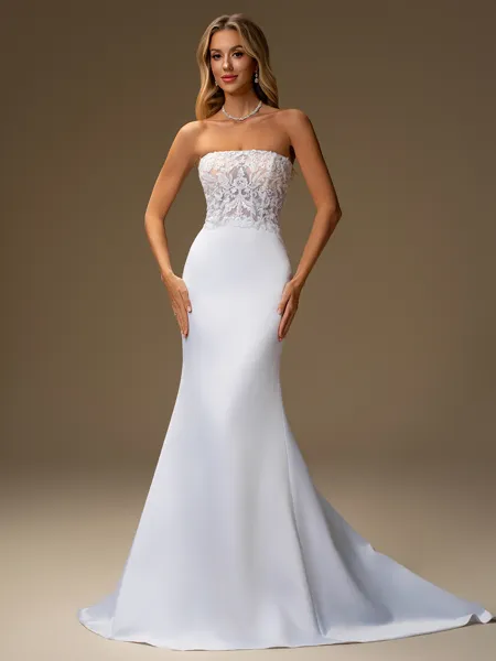 Sheath Straight Appliques Lace Sweep Train Satin Wedding Dress