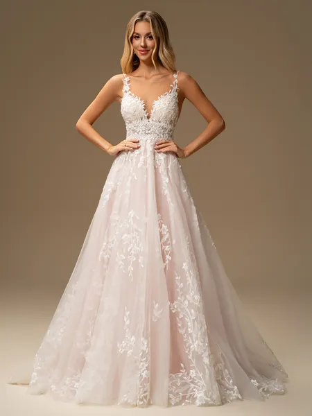 A-line Scoop Appliques Lace Sweep Train Tulle Wedding Dress