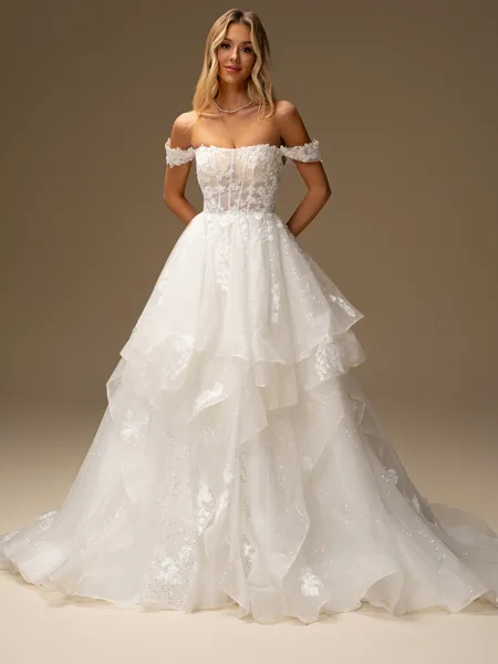 A-line Off-the-Shoulder Appliques Lace Court Train Tulle Corset Wedding Dress