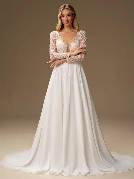 A-line Scoop Long Sleeves Appliques Lace Court Train Chiffon Wedding Dress