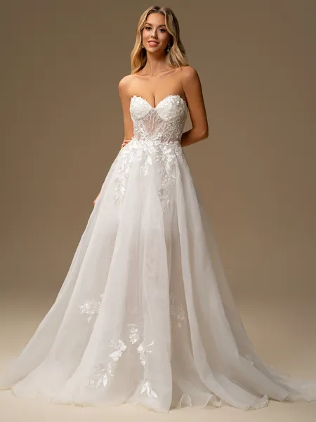 A-line Sweetheart Appliques Lace Sweep Train Tulle Wedding Dress