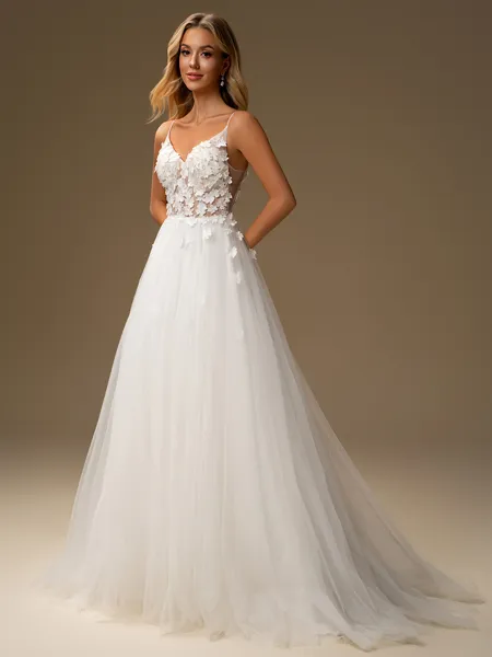 A-line V-neck Appliques Lace Sweep Train Tulle Wedding Dress