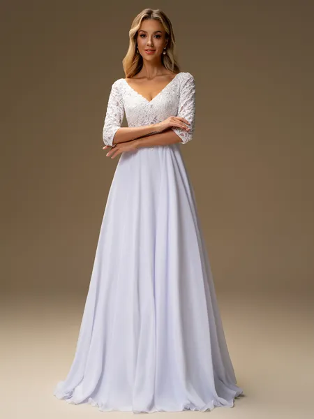 A-line V-neck 3/4 Sleeves Appliques Lace Floor-Length Chiffon Wedding Dress