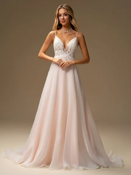 A-line V-neck Appliques Lace Court Train Organza Wedding Dress