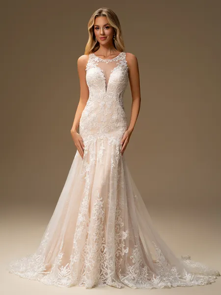 Sheath Scoop Appliques Lace Court Train Tulle Wedding Dress