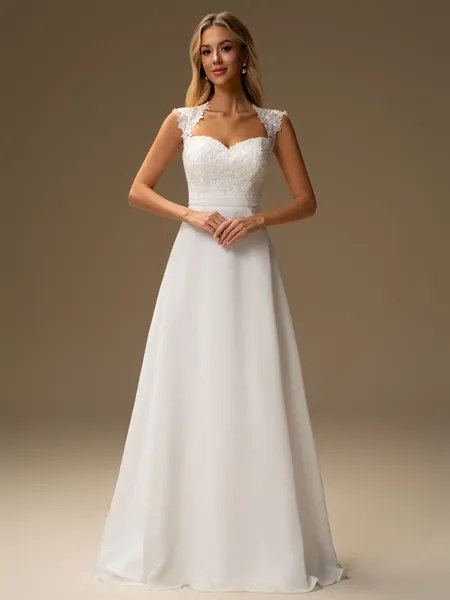 A-line Sweetheart Appliques Lace Floor-Length Chiffon Wedding Dress