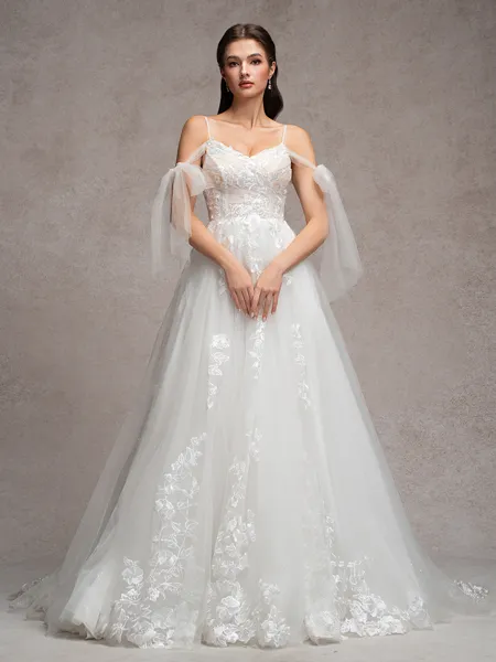A-line Cold Shoulder Appliques Lace Chapel Train Tulle Wedding Dress