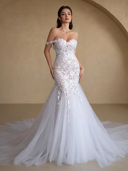 Mermaid Off-the-Shoulder Appliques Lace Cathedral Train Tulle Corset Wedding Dress