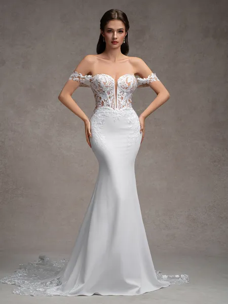 Sheath Off-the-Shoulder Appliques Lace Cathedral Train Stretch Crepe Corset Wedding Dress