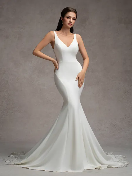 Sheath V-neck Court Train Stretch Crepe Wedding Dress