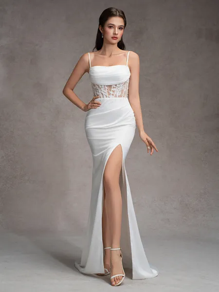 Sheath Spaghetti Straps Appliques Lace Sweep Train Charmeuse Corset Wedding Dress