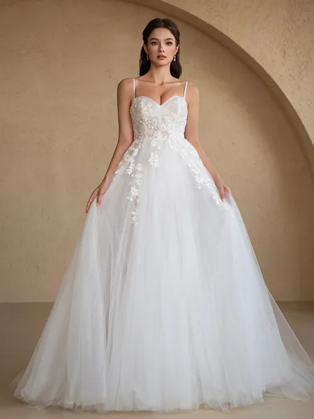 A-line Spaghetti Straps Appliques Lace Court Train Tulle Corset Wedding Dress