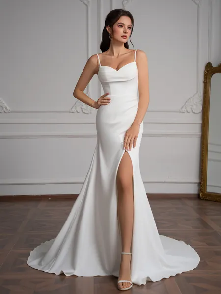 Sheath Spaghetti Straps Pleated Court Train Stretch Crepe Wedding Dress