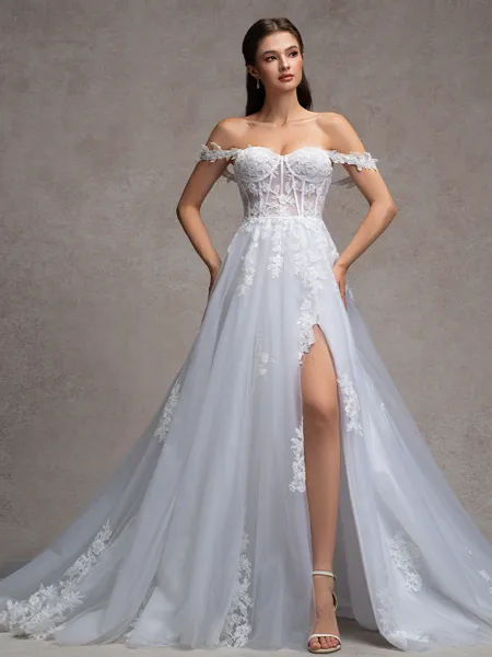A-line Off-the-Shoulder Appliques Lace Cathedral Train Tulle Corset Wedding Dress
