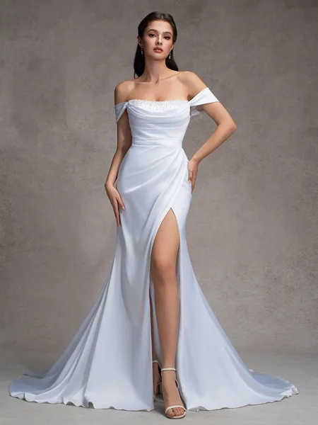 Sheath Off-the-Shoulder Pleated Court Train Charmeuse Wedding Dress