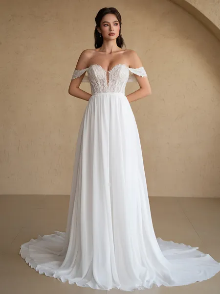 A-line Off-the-Shoulder Appliques Lace Court Train Chiffon Wedding Dress