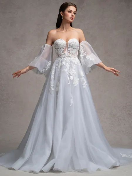 A-line Sweetheart Long Sleeves Appliques Lace Chapel Train Tulle Corset Convertible Wedding Dress