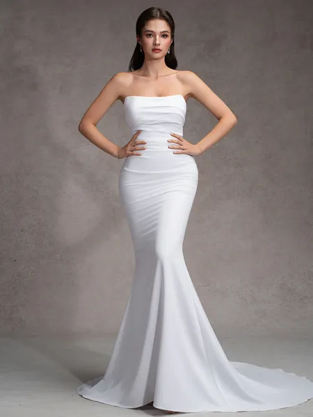 Sheath Straight Pleated Court Train Stretch Crepe Wedding Dress