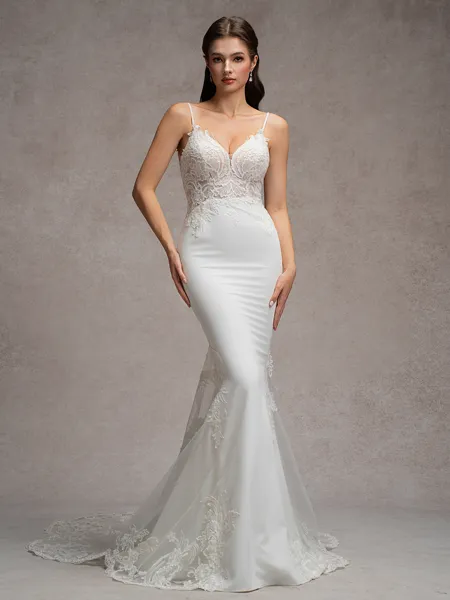 Sheath V-neck Appliques Lace Cathedral Train Stretch Crepe Wedding Dress
