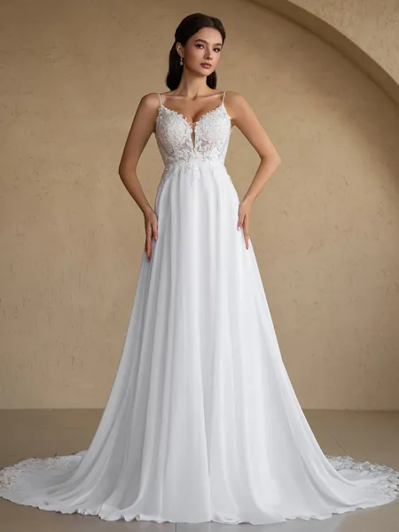 A-line V-neck Appliques Lace Cathedral Train Chiffon Wedding Dress