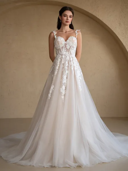 A-Line/Princess Tulle Applique Off-the-Shoulder Sleeveless Chapel Train Wedding Dresses