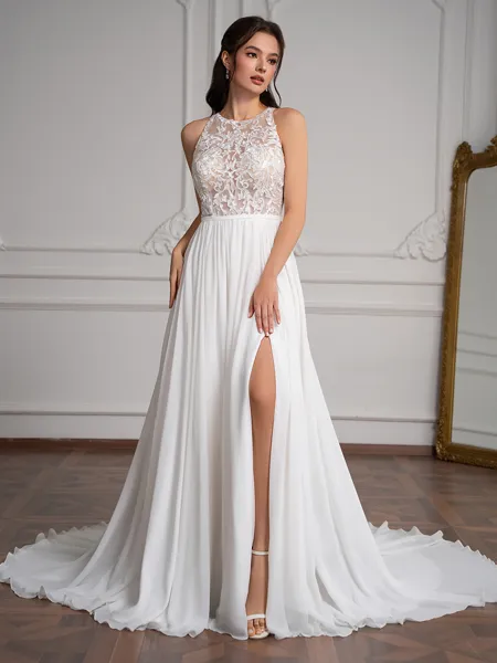 A-Line/Princess Chiffon Lace Scoop Sleeveless Sweep Train Wedding Dresses