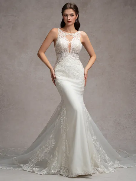 Sheath/Column Stretch Crepe Lace Scoop Sleeveless Court Train Wedding Dresses