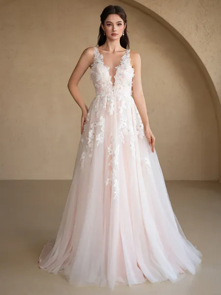 A-Line/Princess Tulle Applique Scoop Sleeveless Sweep Train Wedding Dresses
