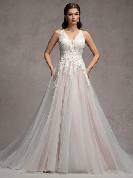 A-Line/Princess Tulle Lace V-Neck Sleeveless Court Train Wedding Dresses