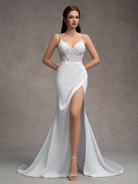 Sheath/Column Charmeuse Lace V-Neck Sleeveless Court Train Wedding Dresses