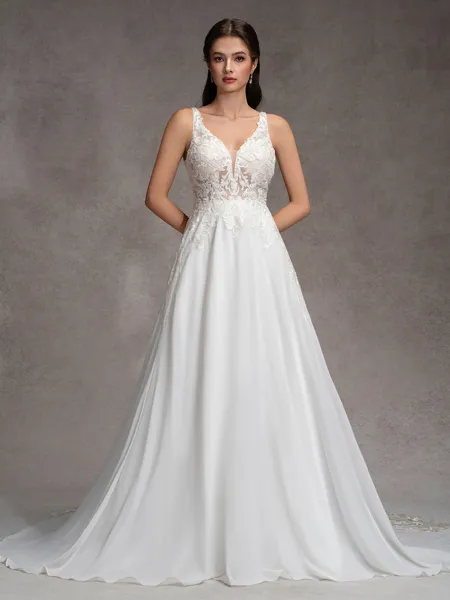 A-Line/Princess Chiffon Lace V-Neck Sleeveless Court Train Wedding Dresses