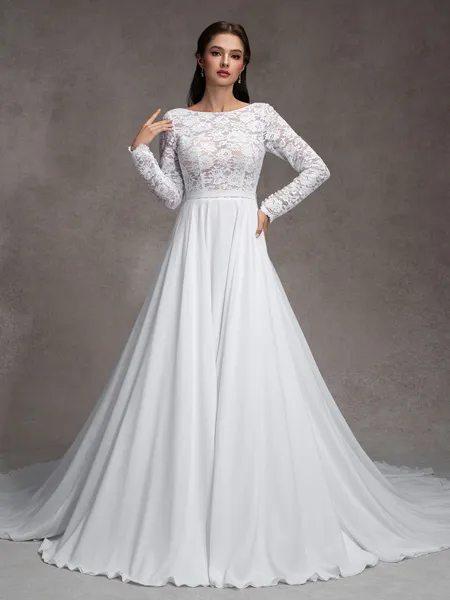 A-Line/Princess Chiffon Lace Scoop Long Sleeves Court Train Wedding Dresses