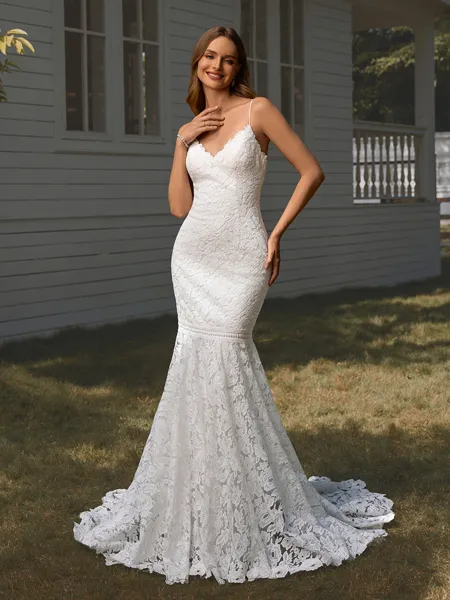 Sheath V-neck Appliques Lace Court Train Lace Wedding Dress