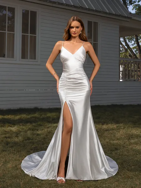Sheath V-neck Pleated Court Train Silk Like Satin Wedding Dress