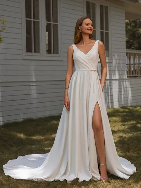 A-line V-neck Pleated Chapel Train Stretch Crepe Wedding Dress