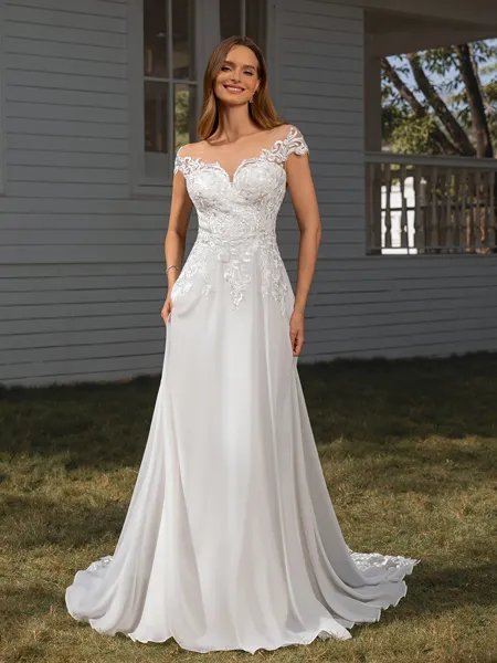 A-line Off-the-Shoulder Appliques Lace Cathedral Train Chiffon Wedding Dress
