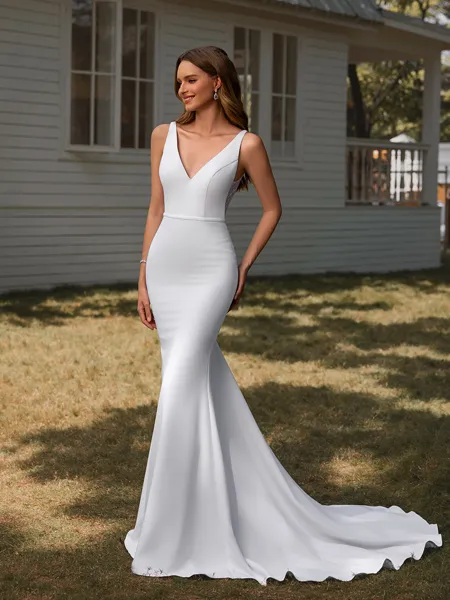 Sheath V-neck Court Train Stretch Crepe Wedding Dress